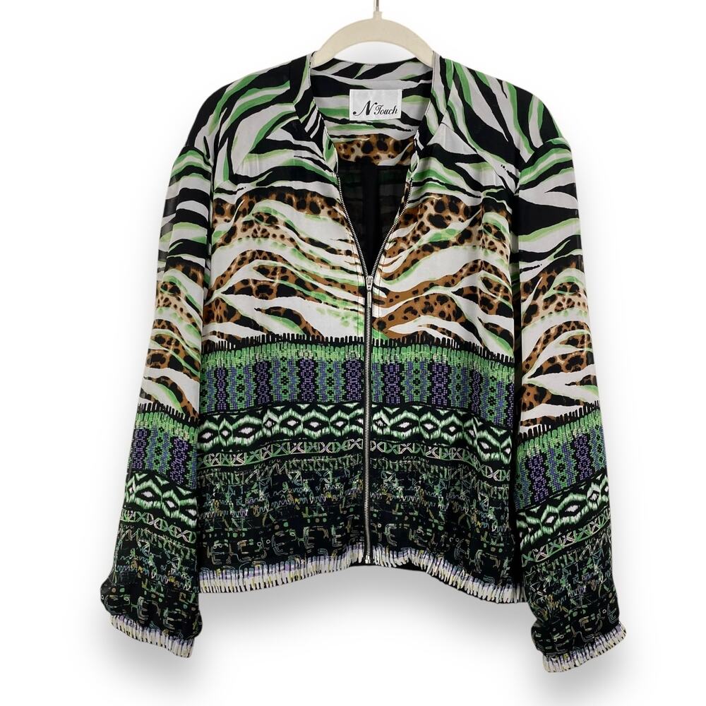 Vintage N Touch Full Zip Jacket Women XLP Green Funky Abstract Print Silky Retro